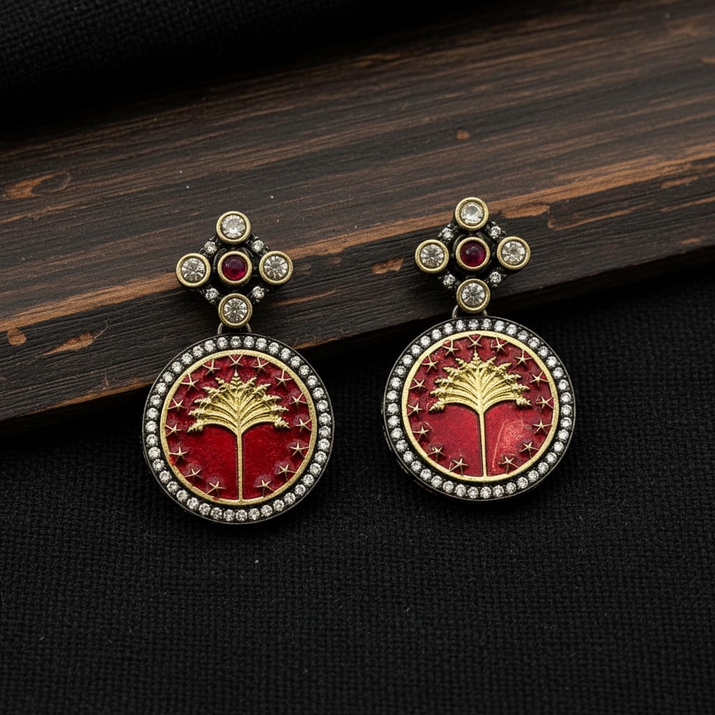 Meenakari Tree of Life Round Drop Earrings