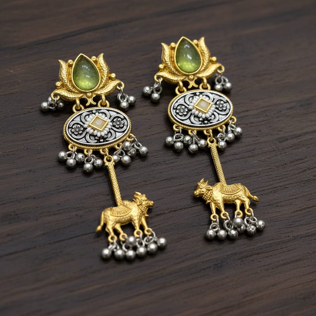 Nandini Dual Tone Lotus & Kamdhenu Earrings