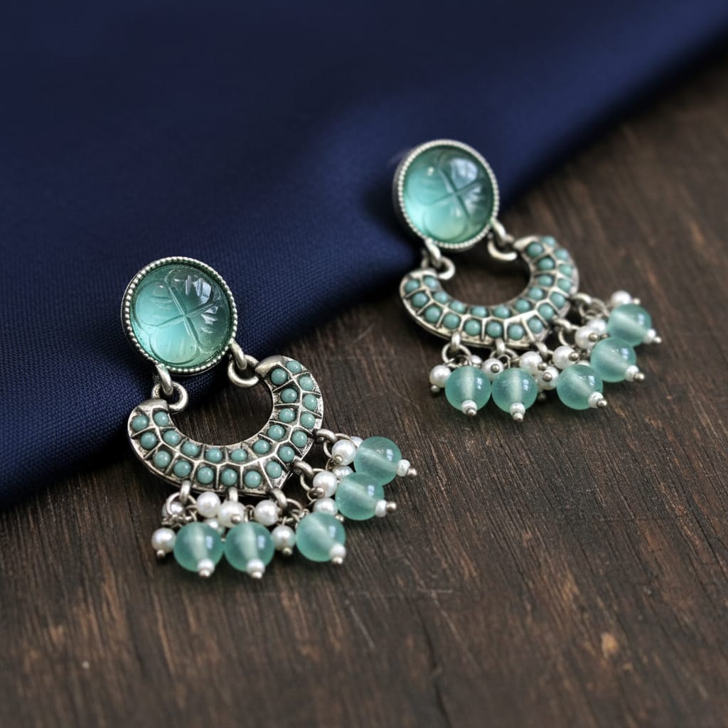 Oxidised Silver Chandbali Earrings with Carved Glass Top