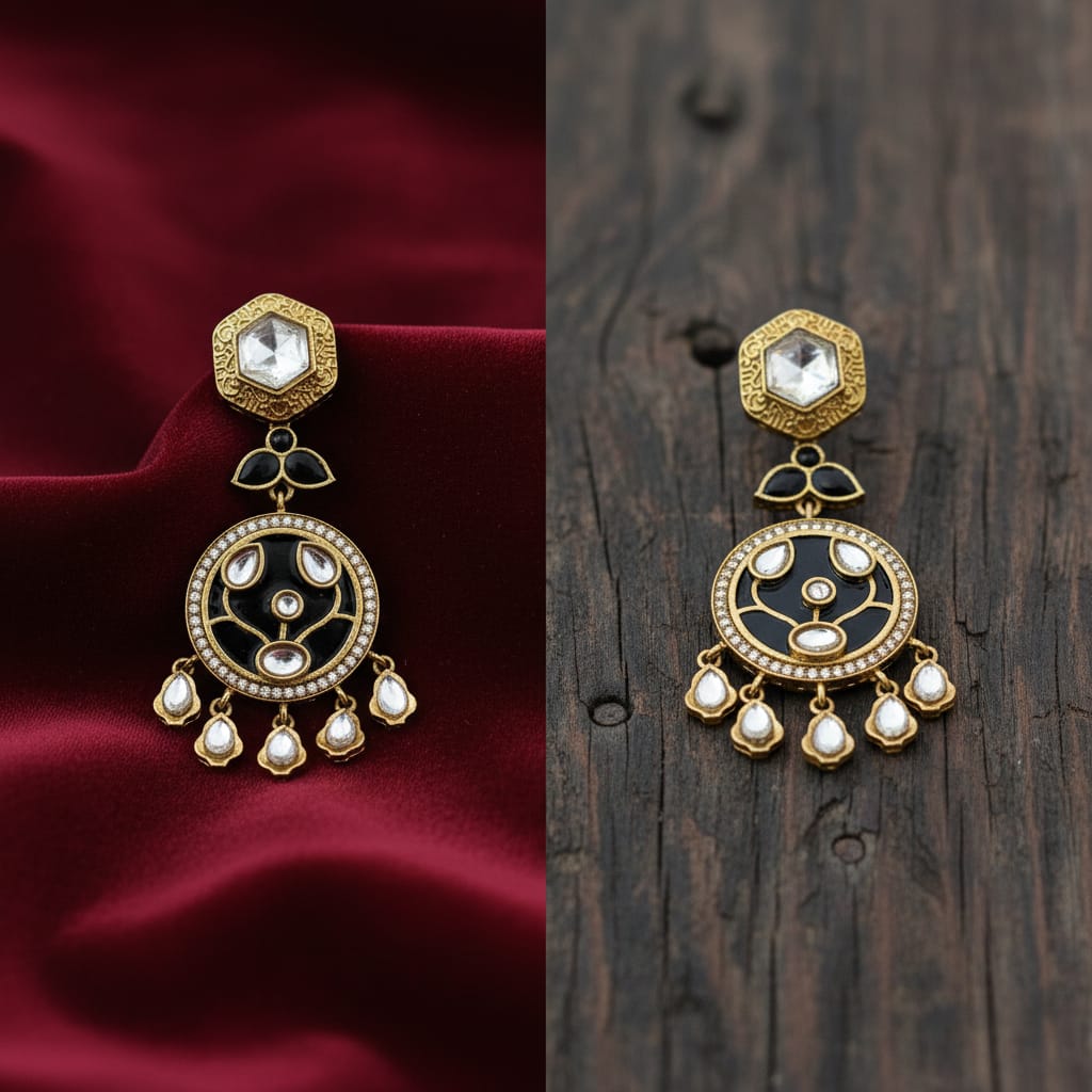 Black Meenakari Kundan Chandbali Earrings