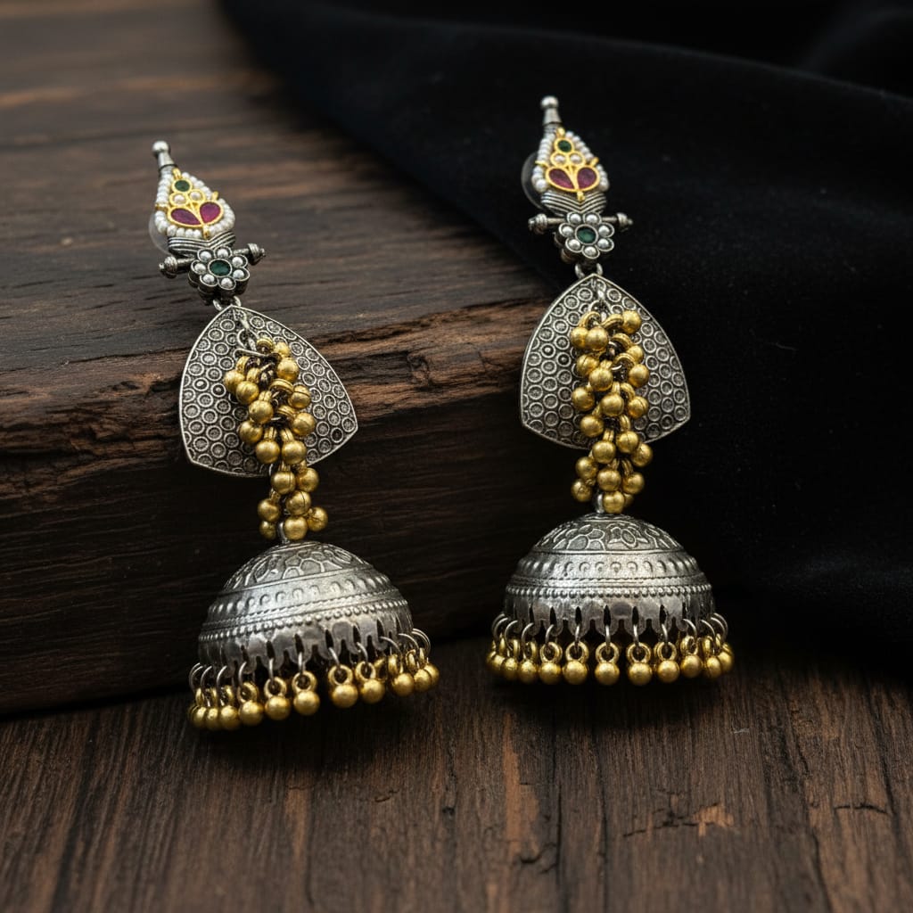 Dual Tone Long Jhumka Earrings | Kundan Ruby-Emerald Top & Gold Ghungroo Drops