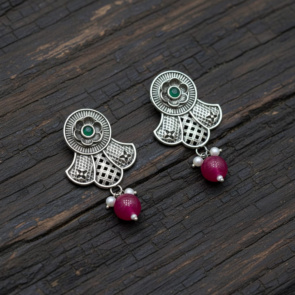 Oxidised Silver Floral Fan Drop Earrings