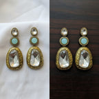 Polki Kundan Crystal Drop Earrings with Pearl & Gold Engraving
