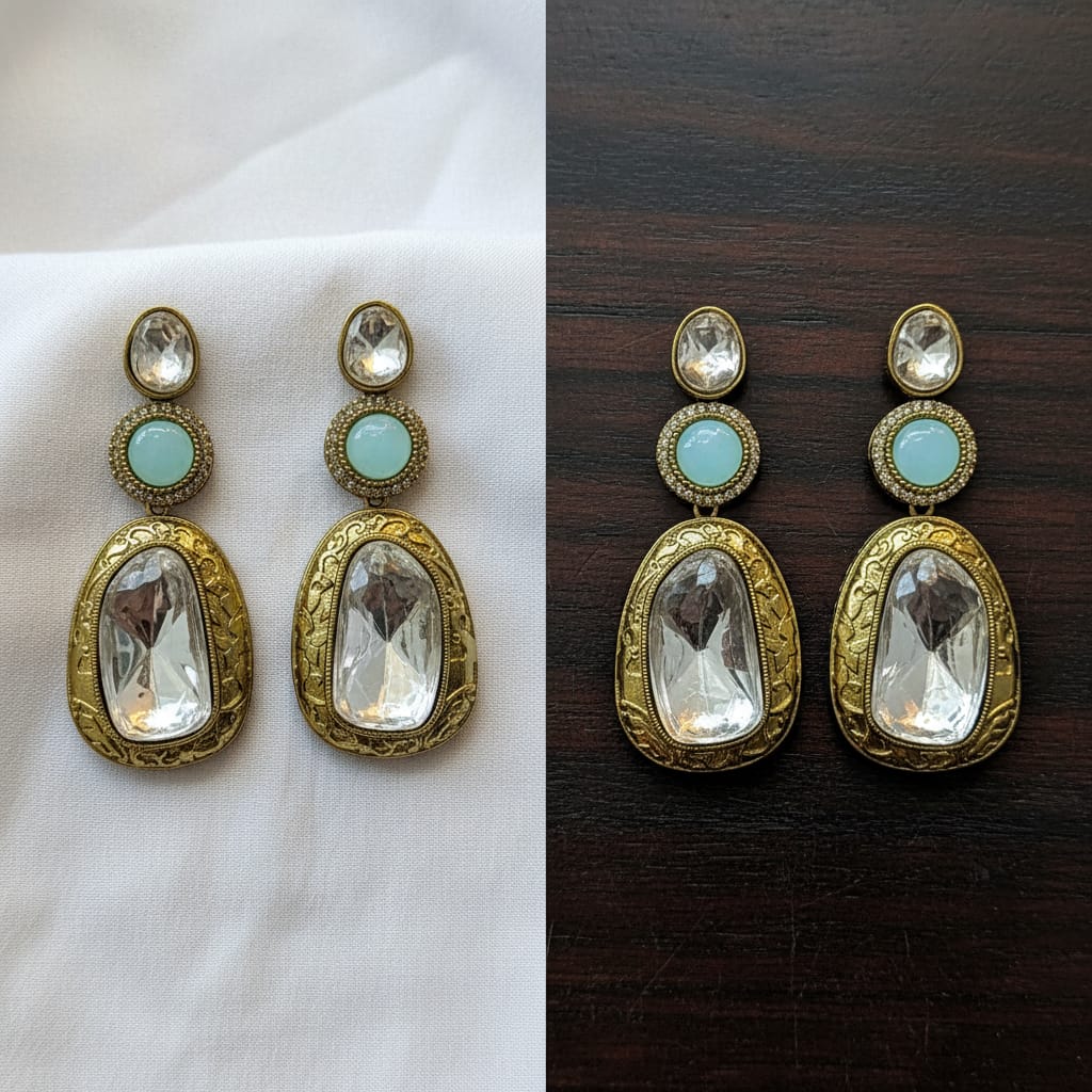 Polki Kundan Crystal Drop Earrings with Pearl & Gold Engraving