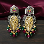 Dual Tone Leaf Earrings with Ruby & Emerald Beads