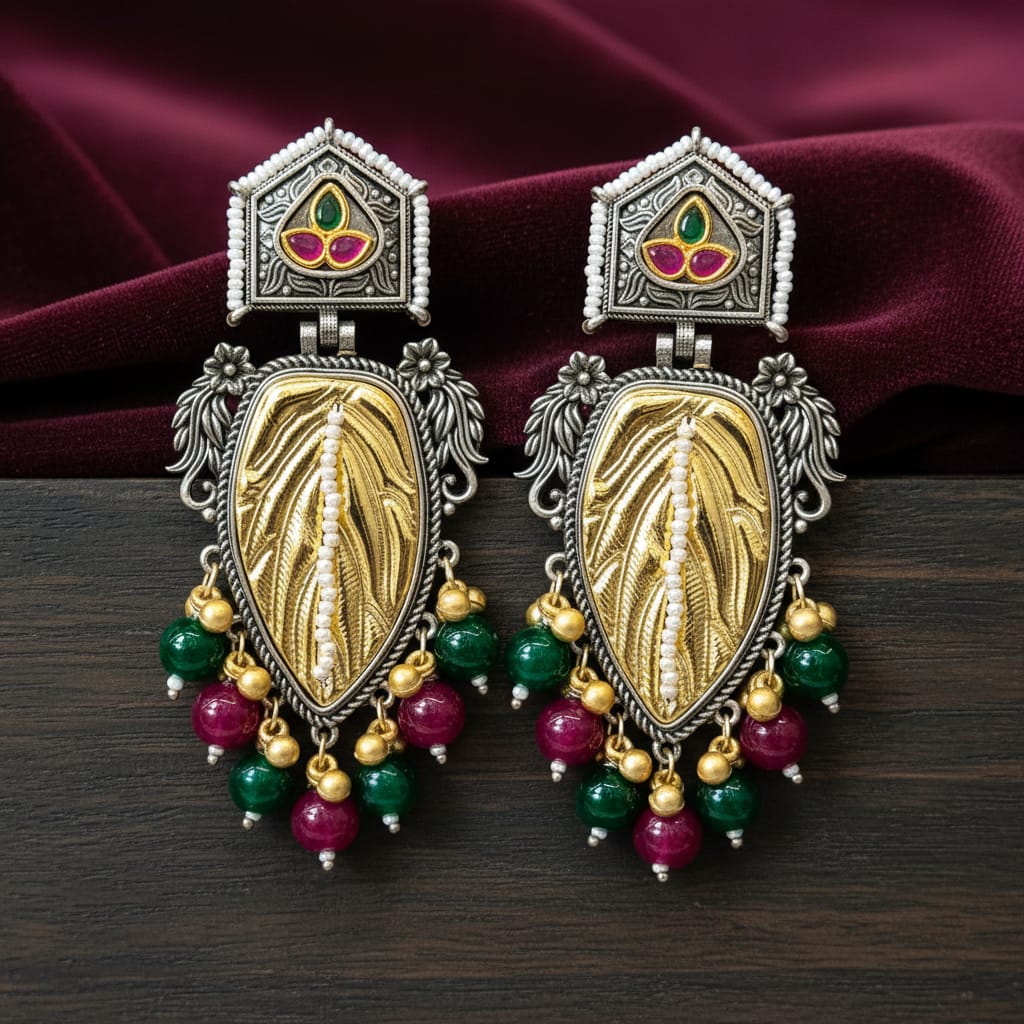 Dual Tone Leaf Earrings with Ruby & Emerald Beads