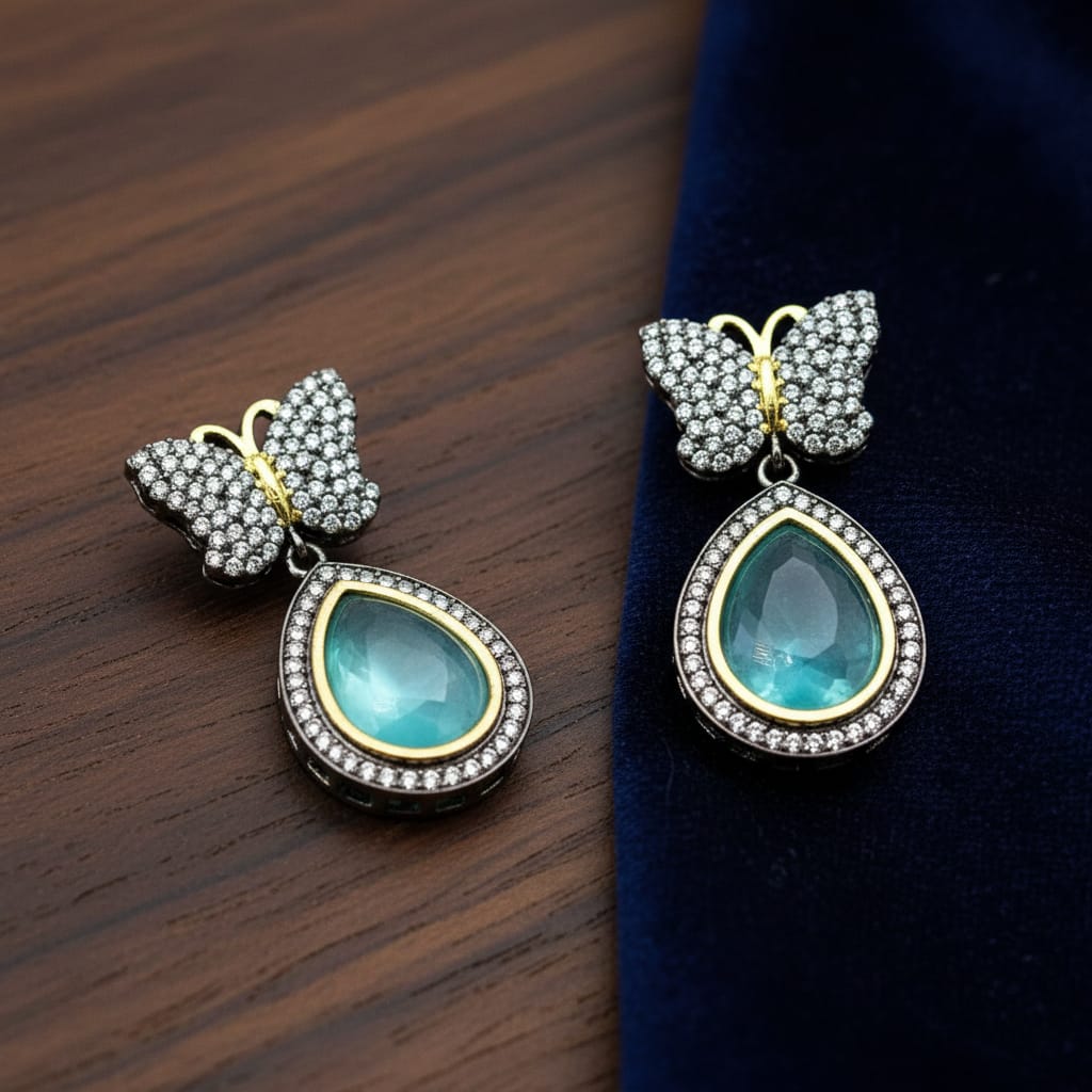 Butterfly CZ Earrings with Aqua Teardrop Stone