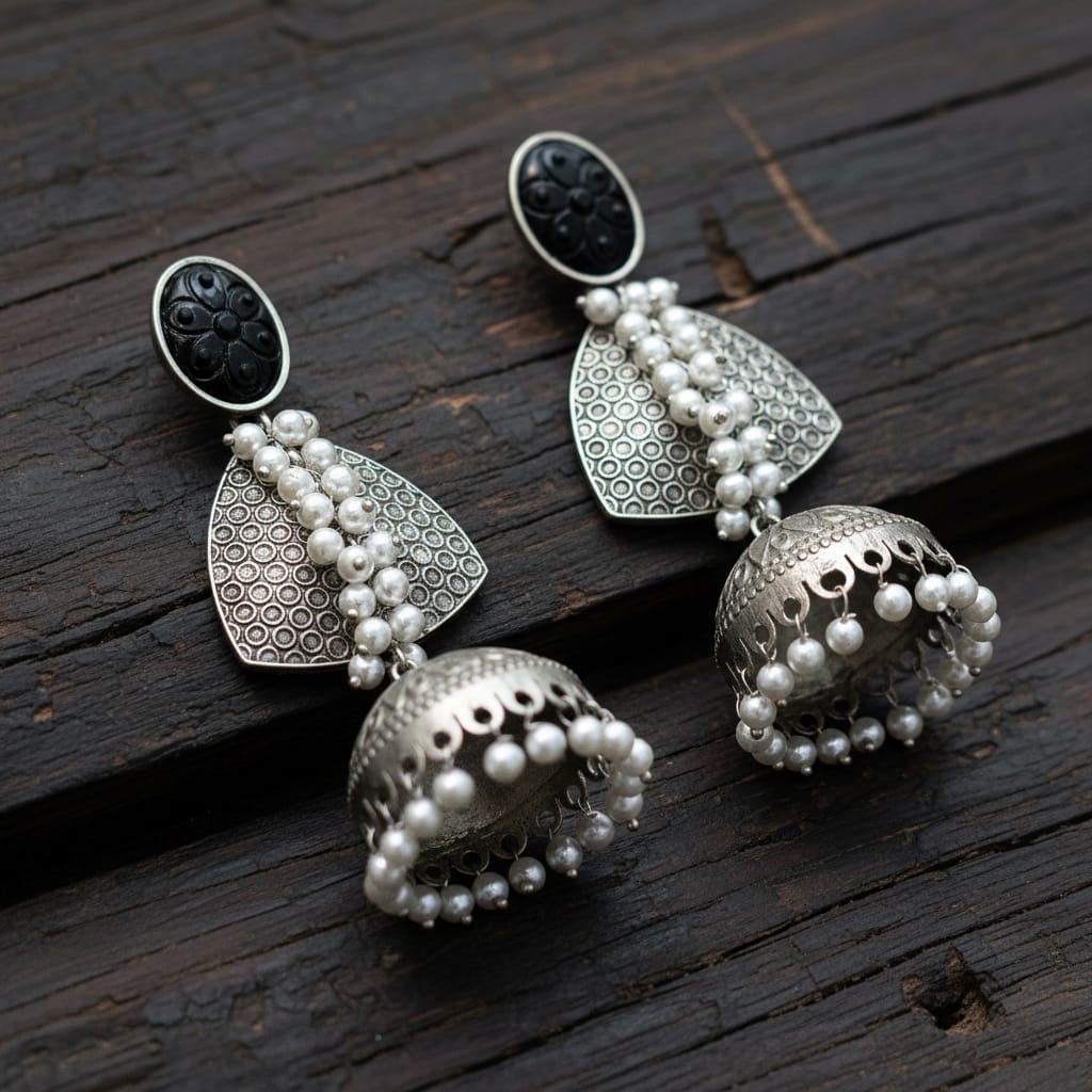 Oxidised Silver Black Onyx Jhumka Earrings with Pearl Drops