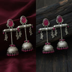 Oxidised Silver Ruby Bead Jhumka Earrings