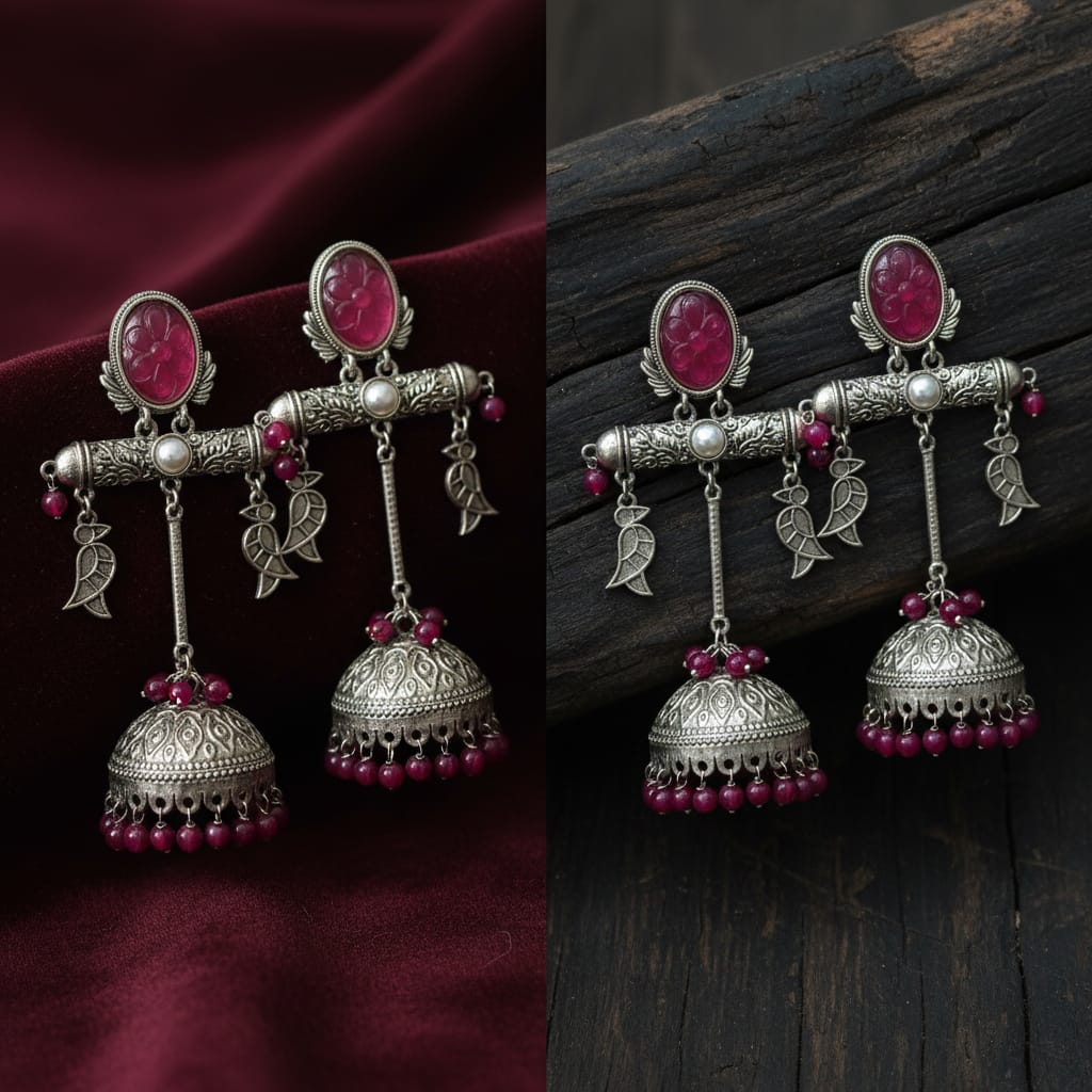 Oxidised Silver Ruby Bead Jhumka Earrings