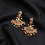 Peach Meenakari Kundan Chandbali Earrings with Pearl Drops