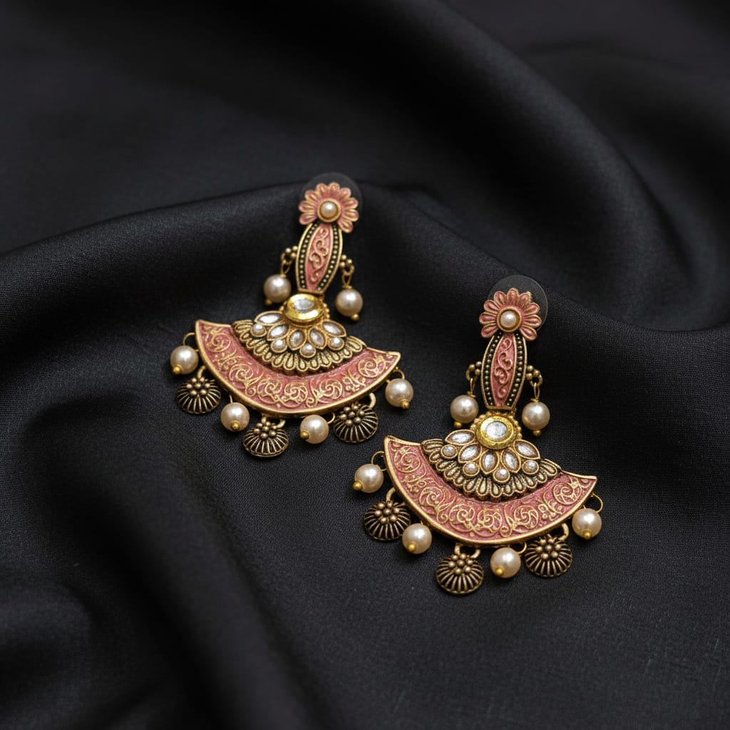 Peach Meenakari Kundan Chandbali Earrings with Pearl Drops