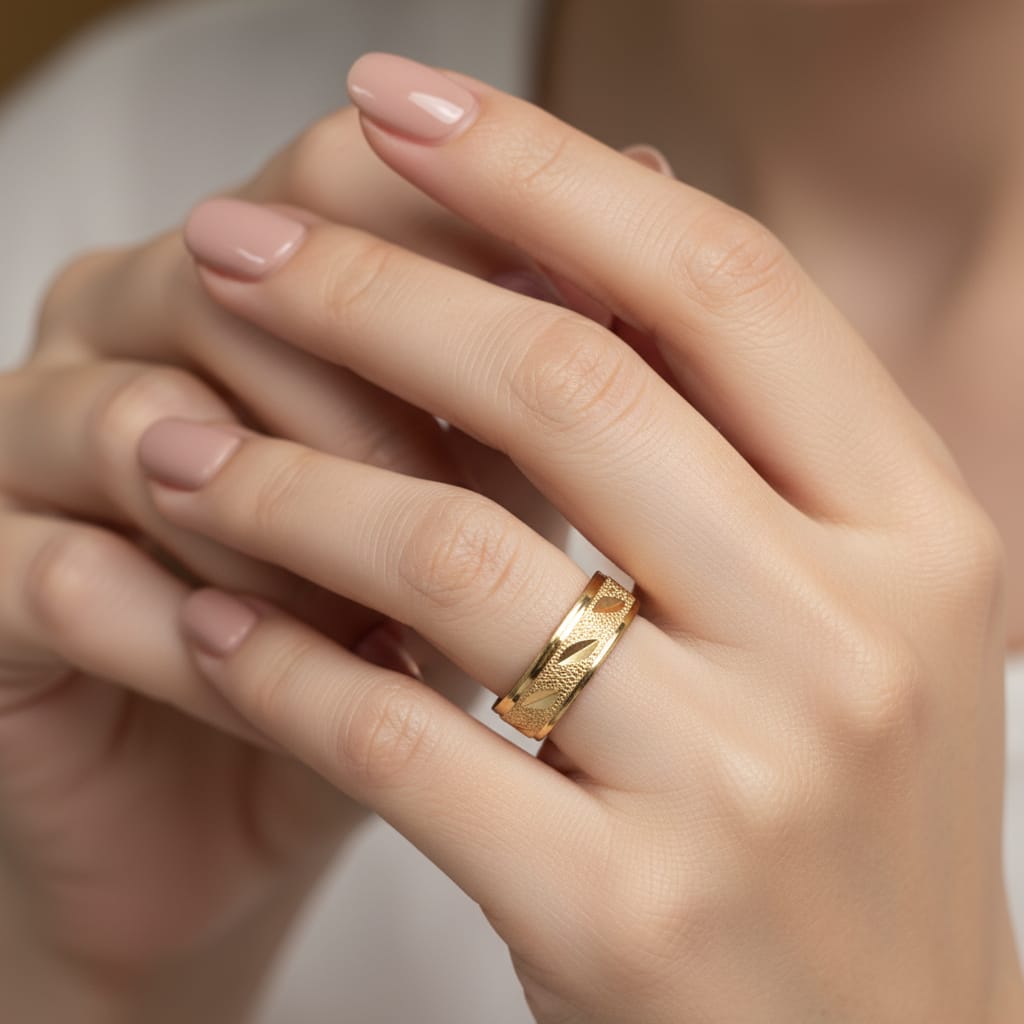 Micro Gold Plated Leaf Engraved Slim Band Ring