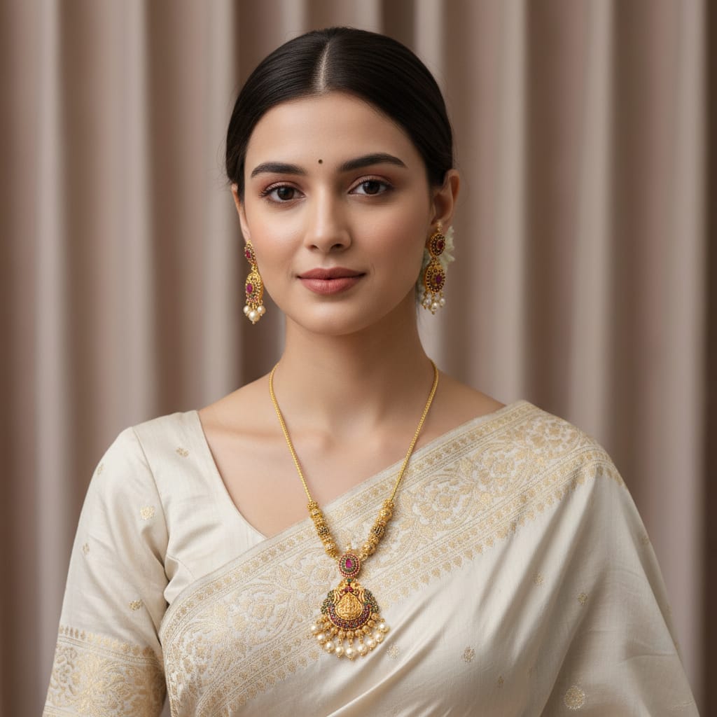 Temple Lakshmi Long Necklace Set with Earrings