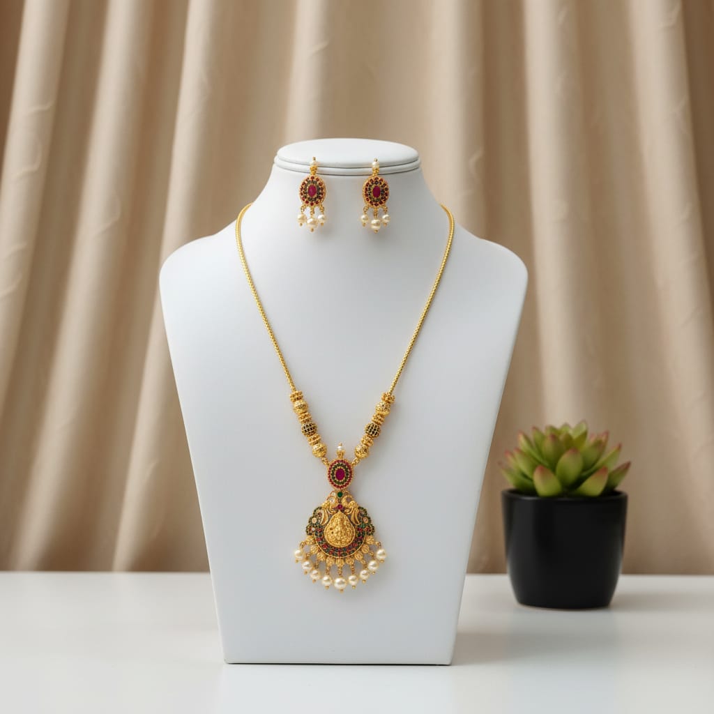 Temple Lakshmi Long Necklace Set with Earrings