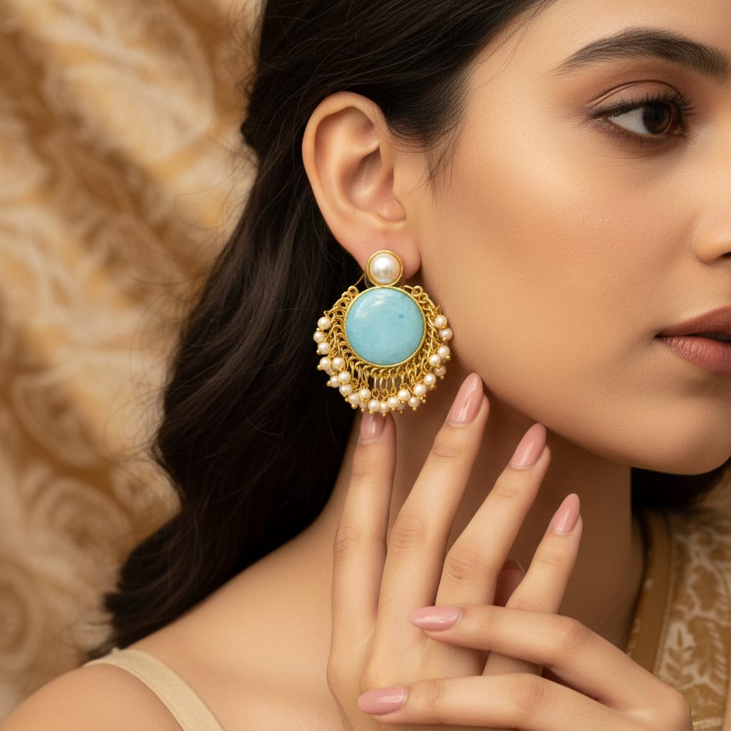 Title
Pearl Stud Cabochon Chandbali Earrings with Seed Pearl Drops
