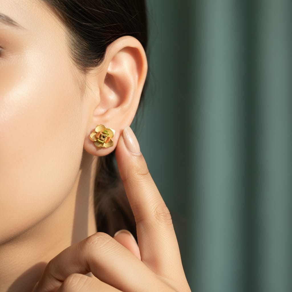Tri-Tone Camellia Gold Stud Earrings