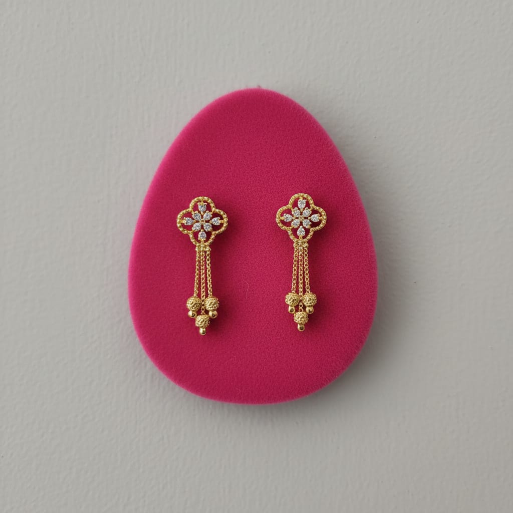 Quatrefoil Marquise CZ Gold Bead Chain Tassel Earrings