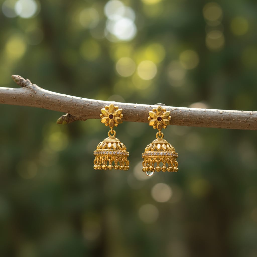 Micro Gold Plated Flower Stud CZ Band Jhumka Earring