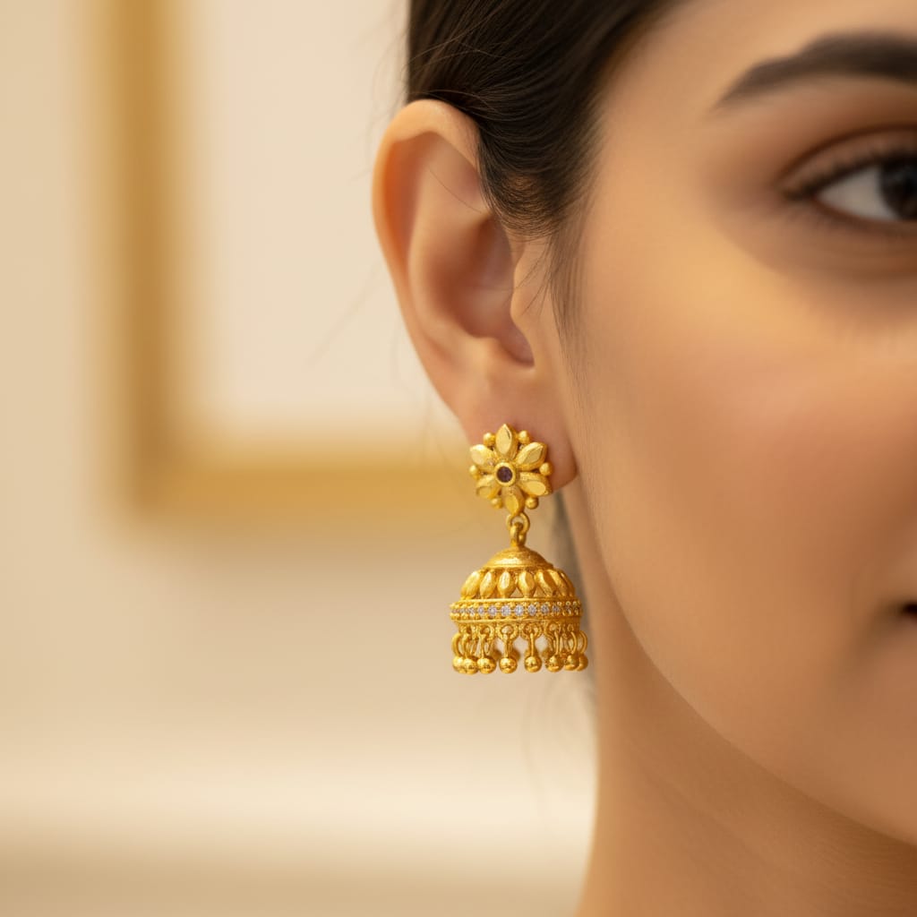 Micro Gold Plated Flower Stud CZ Band Jhumka Earring