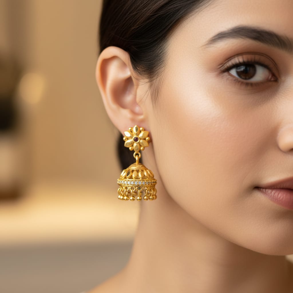 Micro Gold Plated Flower Stud CZ Band Jhumka Earring