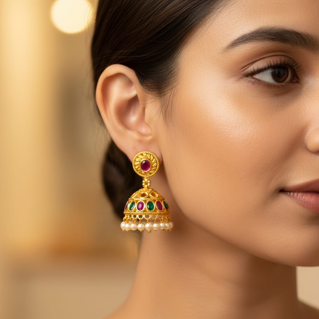 Micro Gold Plated Ruby Emerald Pearl Earring