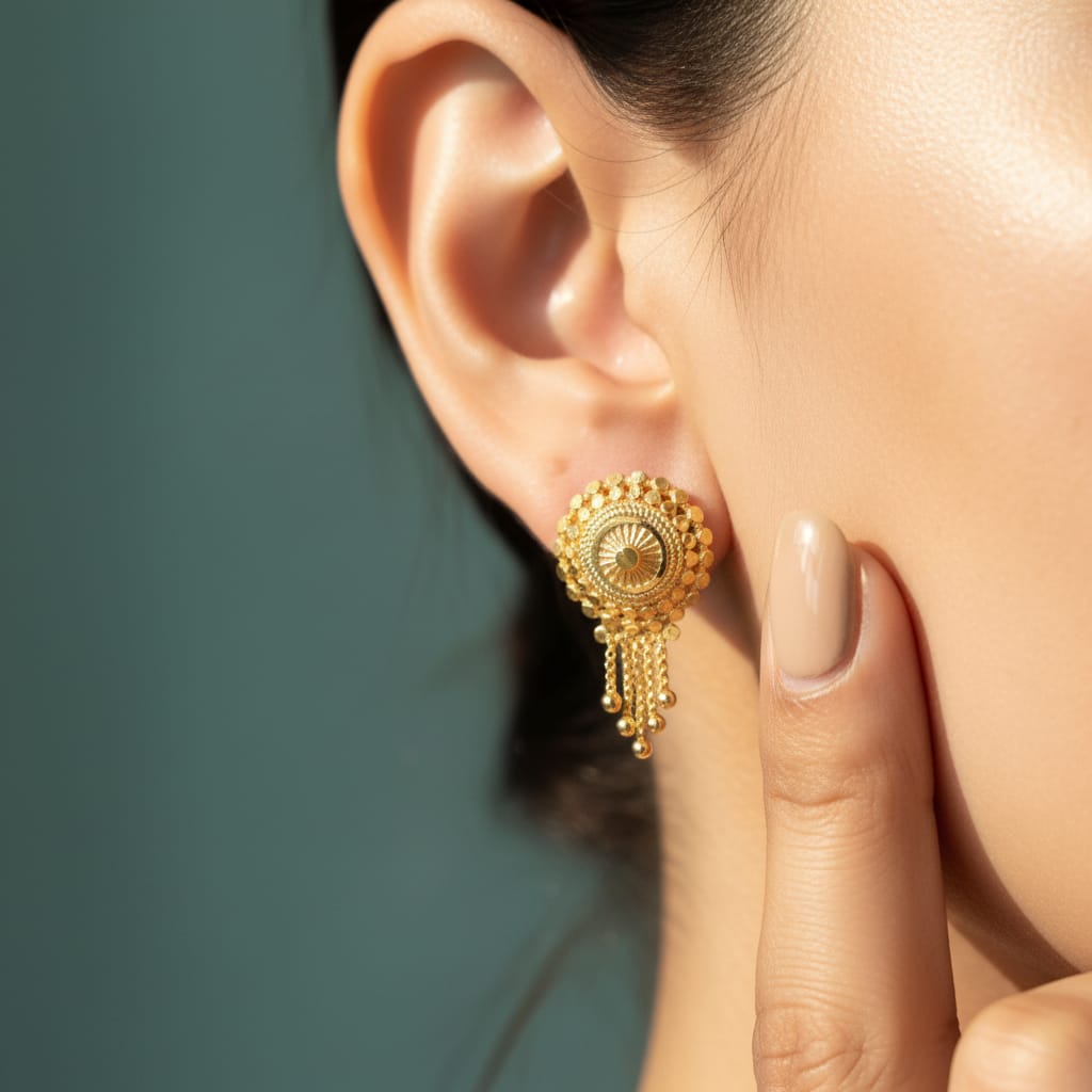 Round Granule Disc Sunburst Gold Bead Chain Tassel Earrings