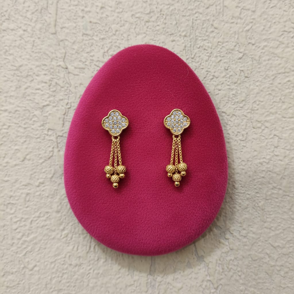 Quatrefoil Pave CZ Clover Gold Bead Chain Tassel Earrings