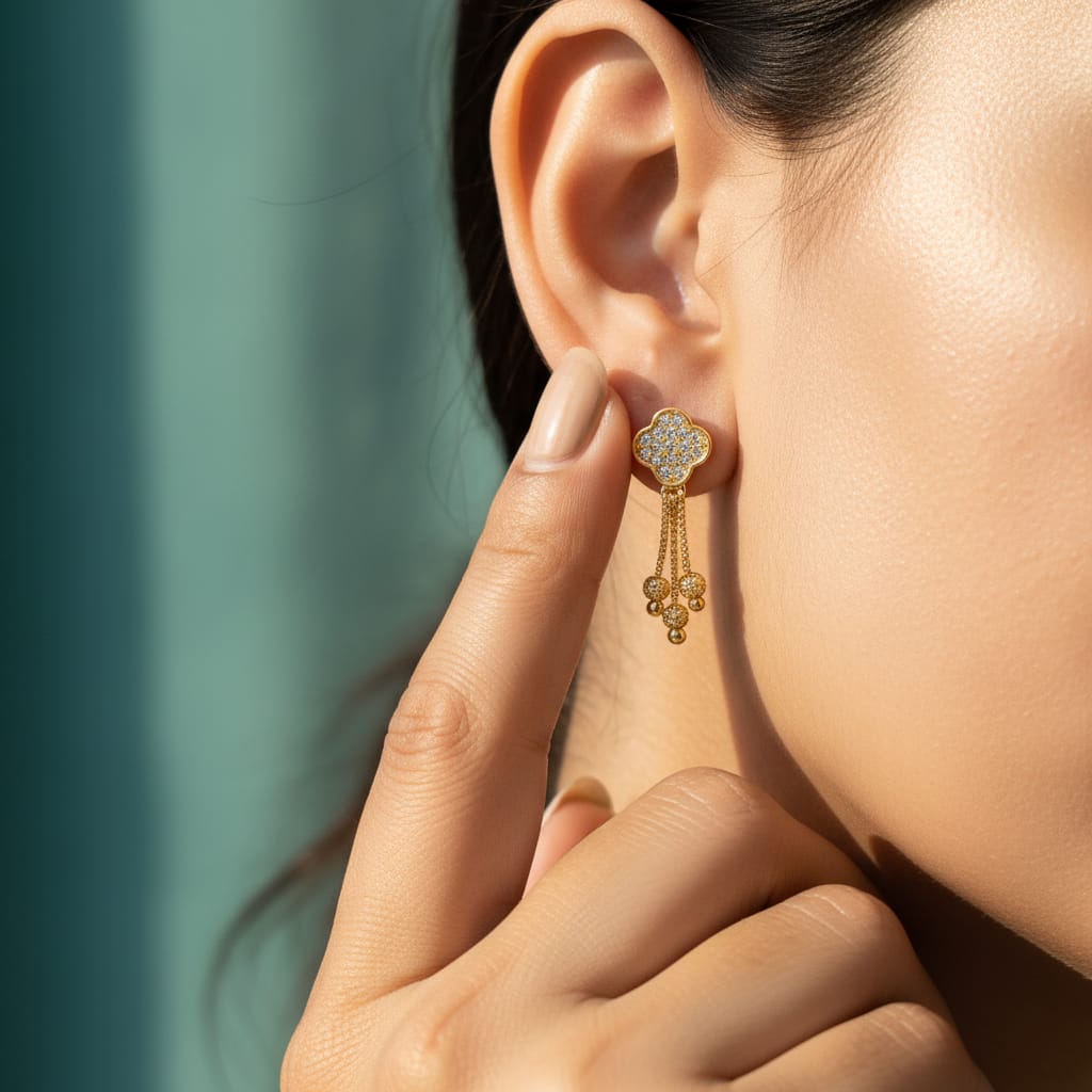 Quatrefoil Pave CZ Clover Gold Bead Chain Tassel Earrings