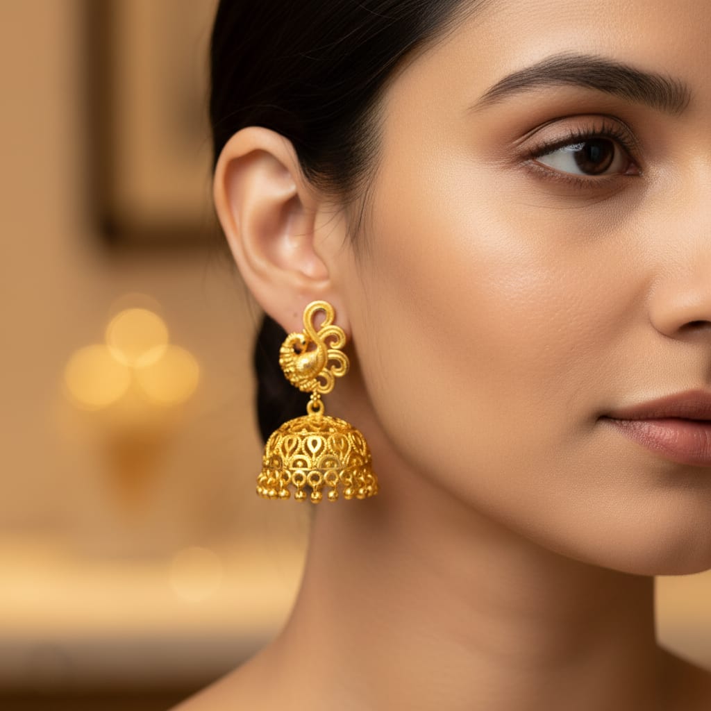 Micro Gold Plated Peacock Connector Jhumka Earring