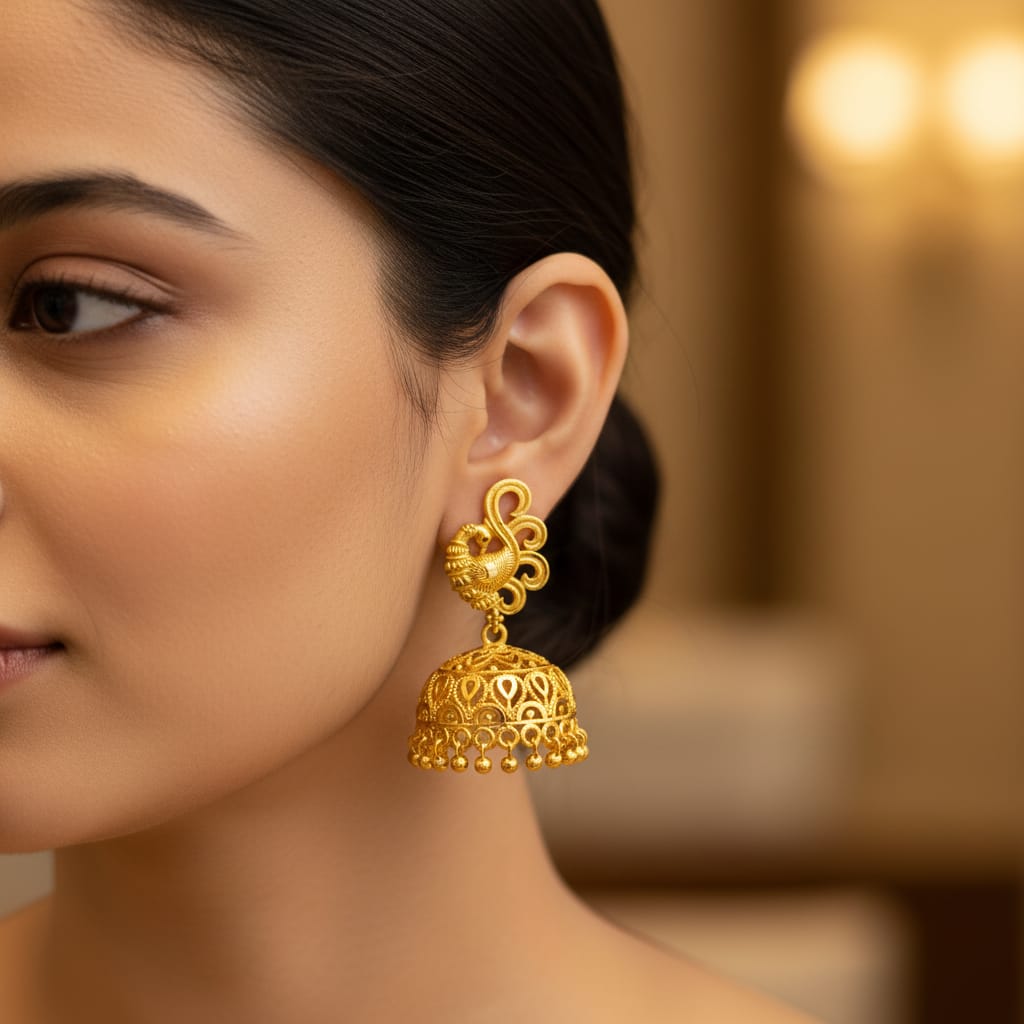Micro Gold Plated Peacock Connector Jhumka Earring