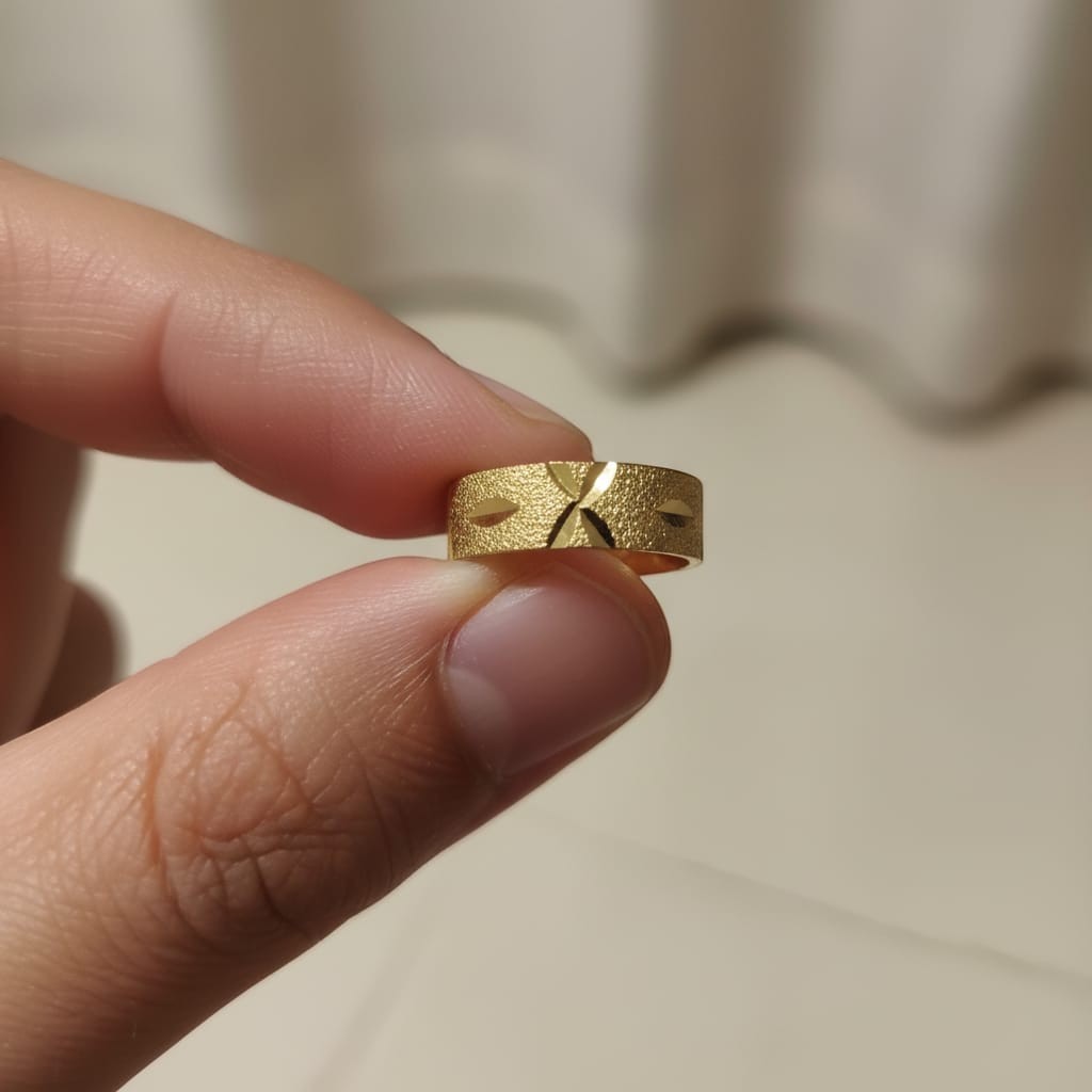 Shinayra by Nakhrali Creation micro gold plated brass slim band ring with stardust texture and diamond-cut star motifs.