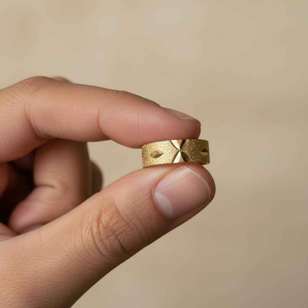 Shinayra by Nakhrali Creation micro gold plated brass slim band ring with stardust texture and diamond-cut star motifs.