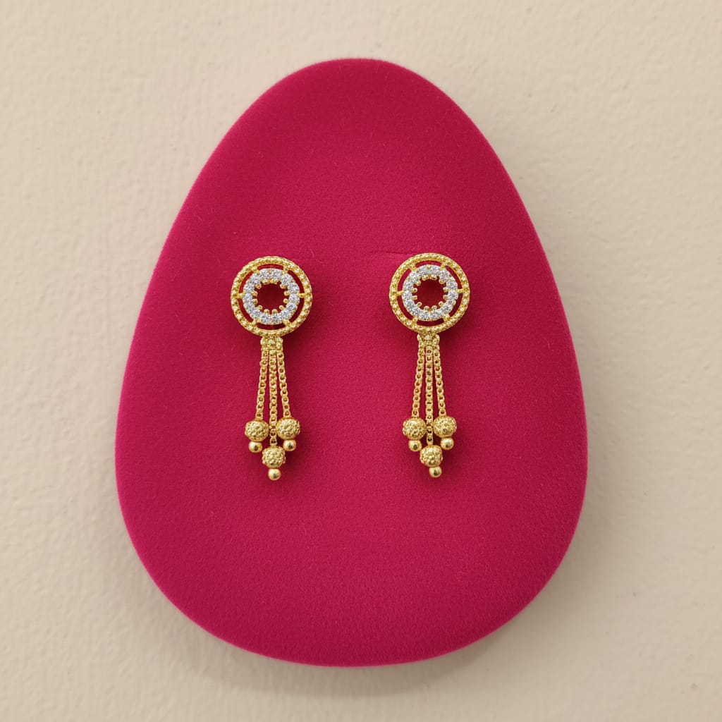 Concentric Circle CZ Gold Bead Chain Tassel Earrings